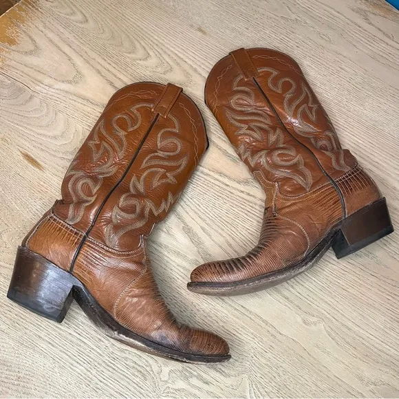 Vintage Dan Post Teju Lizard &amp; Leather Western Cowboy Boots Tan Brown Men’s 8.5