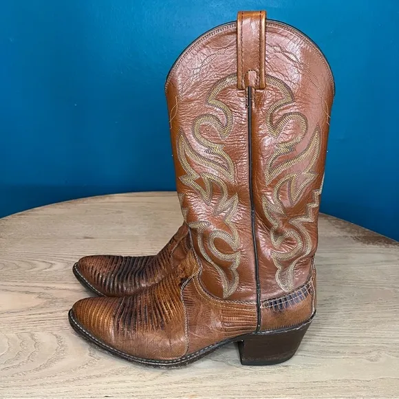 Vintage Dan Post Teju Lizard &amp; Leather Western Cowboy Boots Tan Brown Men’s 8.5