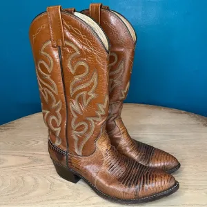 Vintage Dan Post Teju Lizard &amp; Leather Western Cowboy Boots Tan Brown Men’s 8.5