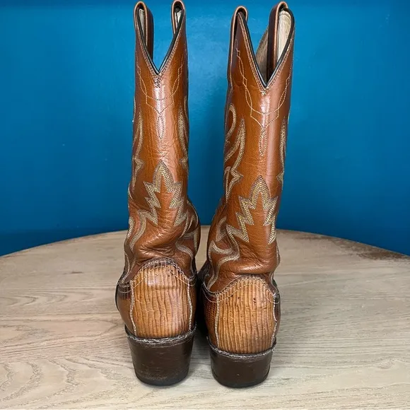 Vintage Dan Post Teju Lizard &amp; Leather Western Cowboy Boots Tan Brown Men’s 8.5