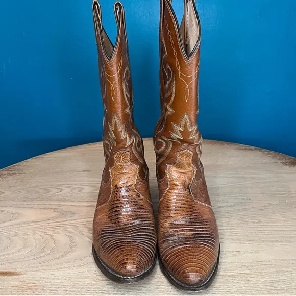 Vintage Dan Post Teju Lizard &amp; Leather Western Cowboy Boots Tan Brown Men’s 8.5
