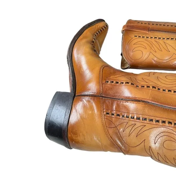 Vintage Double-H Cowboy Western Boots USA Made Patina Saddle Stitch Men's 10.5 D