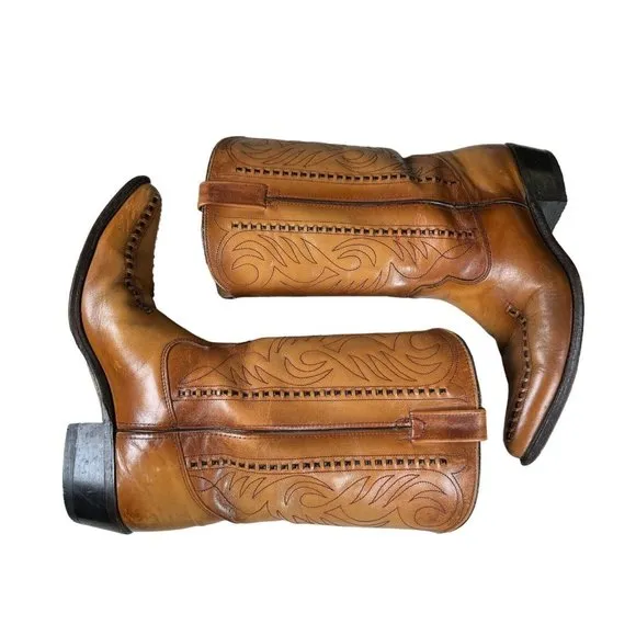 Vintage Double-H Cowboy Western Boots USA Made Patina Saddle Stitch Men's 10.5 D
