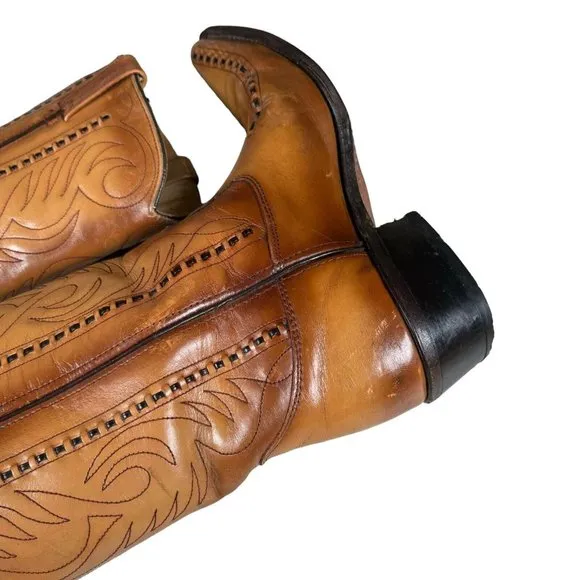 Vintage Double-H Cowboy Western Boots USA Made Patina Saddle Stitch Men's 10.5 D
