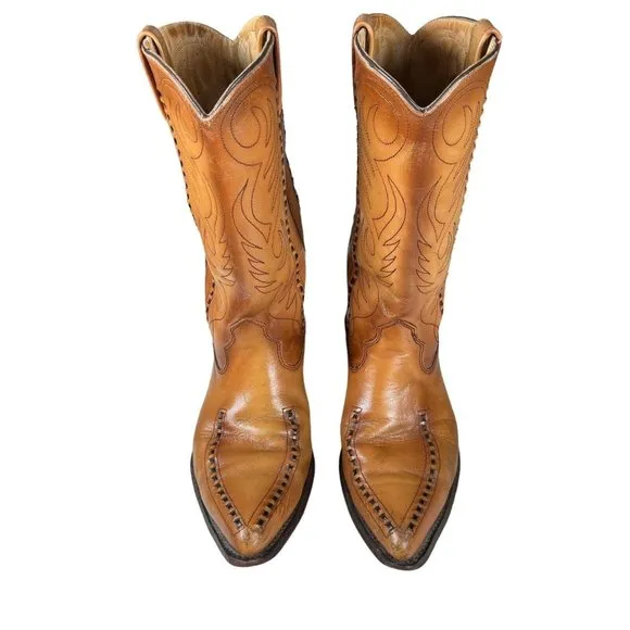 Vintage Double-H Cowboy Western Boots USA Made Patina Saddle Stitch Men's 10.5 D