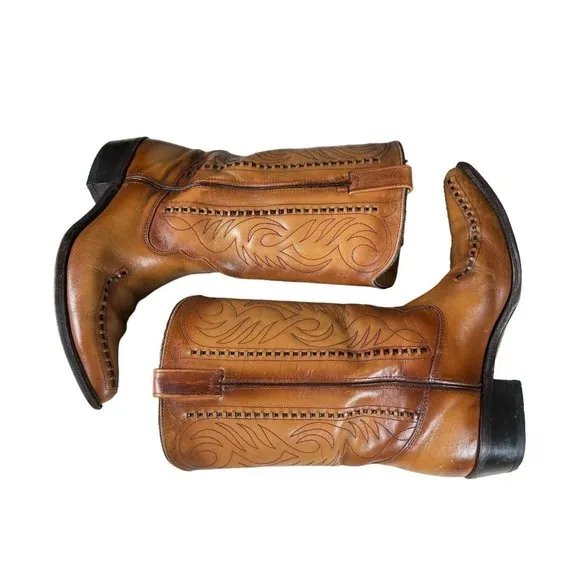 Vintage Double-H Cowboy Western Boots USA Made Patina Saddle Stitch Men's 10.5 D