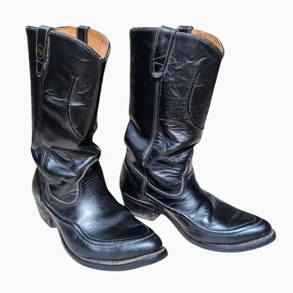 Vintage Double H Thick Black Leather Western Cowboy Boots Mens Size 7.5 EE