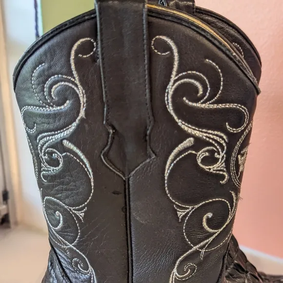 Vintage El Padrino 8 Black Cowboy Boots Embossed Leather Embroidered Boh…
