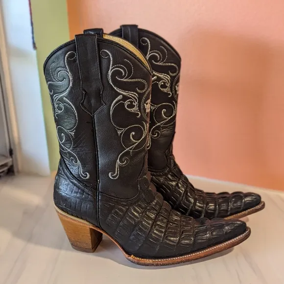 Vintage El Padrino 8 Black Cowboy Boots Embossed Leather Embroidered Boh…