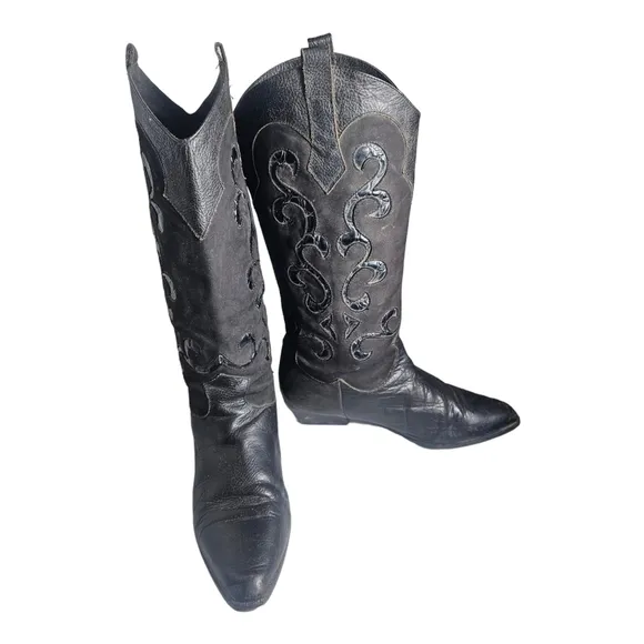 Vintage Filippo Raphael Black Suede Western Style Boots 80s Era Size US 8/EU 38.