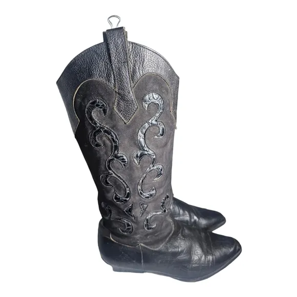 Vintage Filippo Raphael Black Suede Western Style Boots 80s Era Size US 8/EU 38.
