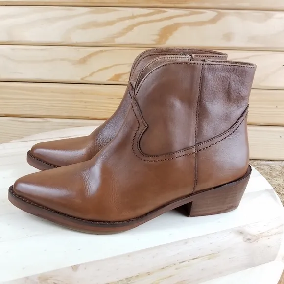 Vintage Foundry Co. Arielle Brown Leather Ankle Western Boot Pointed Toe Zip NEW