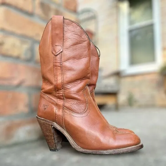 Vintage Frye 7895 Leather Pull-On Cowgirl Western Stacked Heel Boots Size 7.5 B