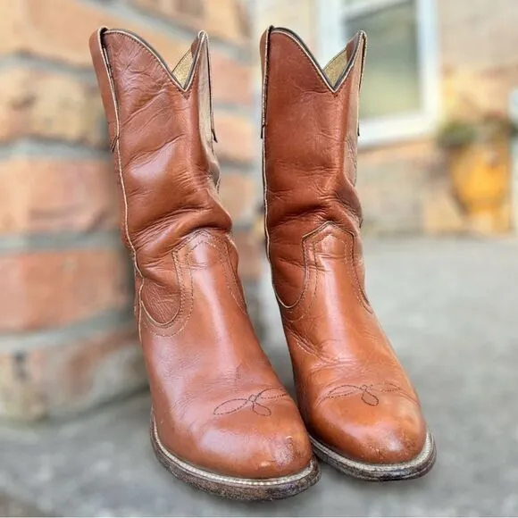 Vintage Frye 7895 Leather Pull-On Cowgirl Western Stacked Heel Boots Size 7.5 B