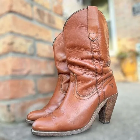 Vintage Frye 7895 Leather Pull-On Cowgirl Western Stacked Heel Boots Size 7.5 B