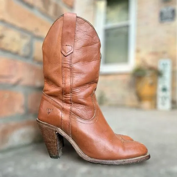 Vintage Frye 7895 Leather Pull-On Cowgirl Western Stacked Heel Boots Size 7.5 B