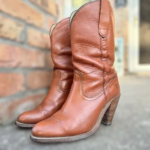 Vintage Frye 7895 Leather Pull-On Cowgirl Western Stacked Heel Boots Size 7.5 B
