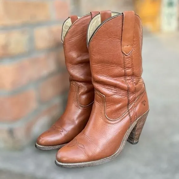 Vintage Frye 7895 Leather Pull-On Cowgirl Western Stacked Heel Boots Size 7.5 B