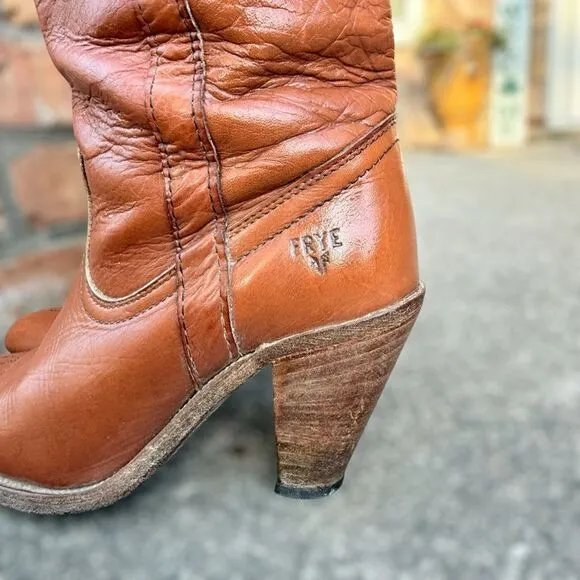 Vintage Frye 7895 Leather Pull-On Cowgirl Western Stacked Heel Boots Size 7.5 B