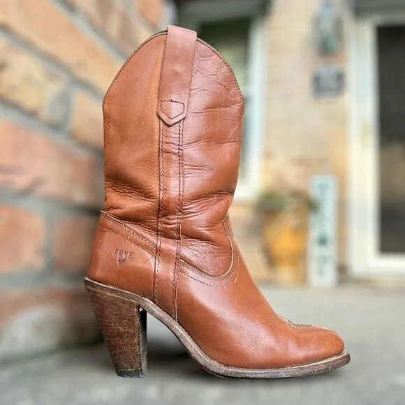 Vintage Frye 7895 Leather Pull-On Cowgirl Western Stacked Heel Boots Size 7.5 B