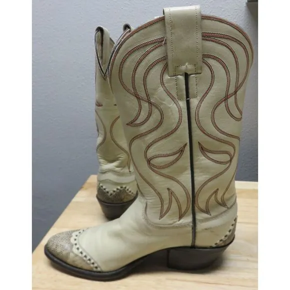 Vintage HYER Olathe Kansas COWBOY BOOTS‎ White Leather Snake Size 4.5 B USA 12&quot;