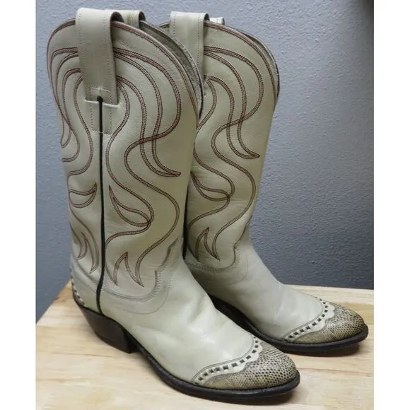Vintage HYER Olathe Kansas COWBOY BOOTS‎ White Leather Snake Size 4.5 B USA 12&quot;