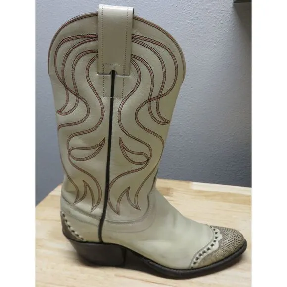 Vintage HYER Olathe Kansas COWBOY BOOTS‎ White Leather Snake Size 4.5 B USA 12&quot;