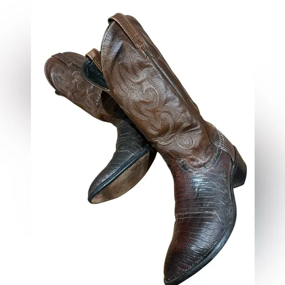 Vintage J. Chisholm Brown Cowboy Boots Lizard Size 8EE