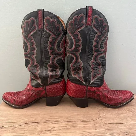 Vintage J. Chisolm Cherry Red Python Snake Skin Black Leather Cowgirl Boots- 6.5