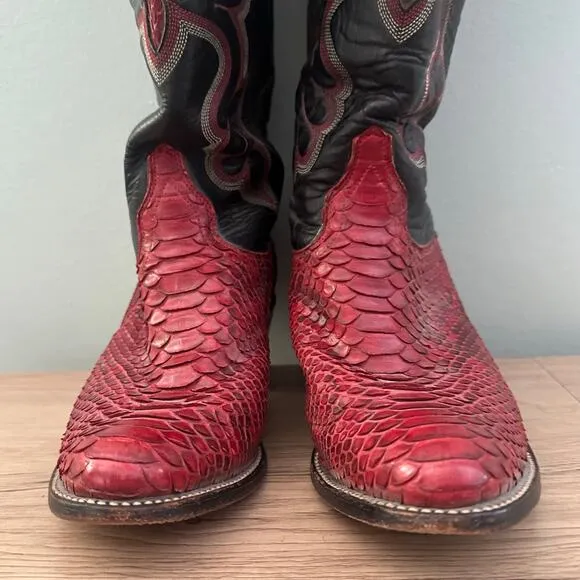 Vintage J. Chisolm Cherry Red Python Snake Skin Black Leather Cowgirl Boots- 6.5