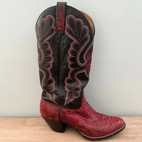Vintage J. Chisolm Cherry Red Python Snake Skin Black Leather Cowgirl Boots- 6.5