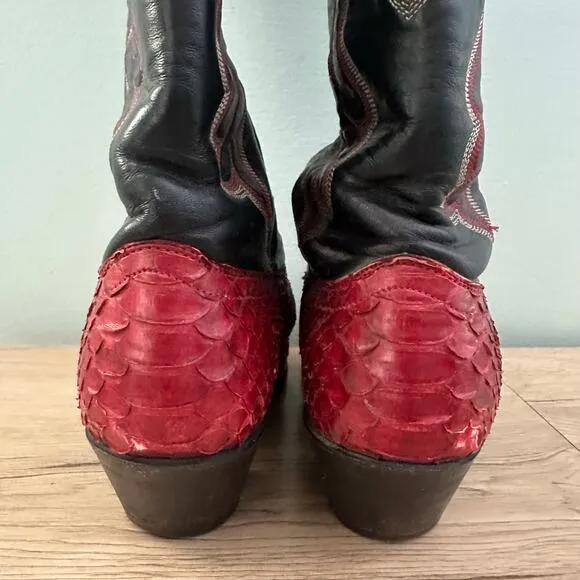 Vintage J. Chisolm Cherry Red Python Snake Skin Black Leather Cowgirl Boots- 6.5