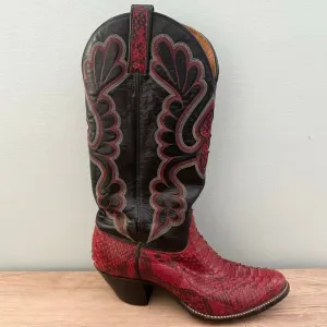 Vintage J. Chisolm Cherry Red Python Snake Skin Black Leather Cowgirl Boots- 6.5