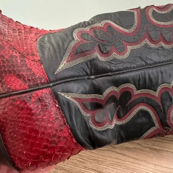 Vintage J. Chisolm Cherry Red Python Snake Skin Black Leather Cowgirl Boots- 6.5
