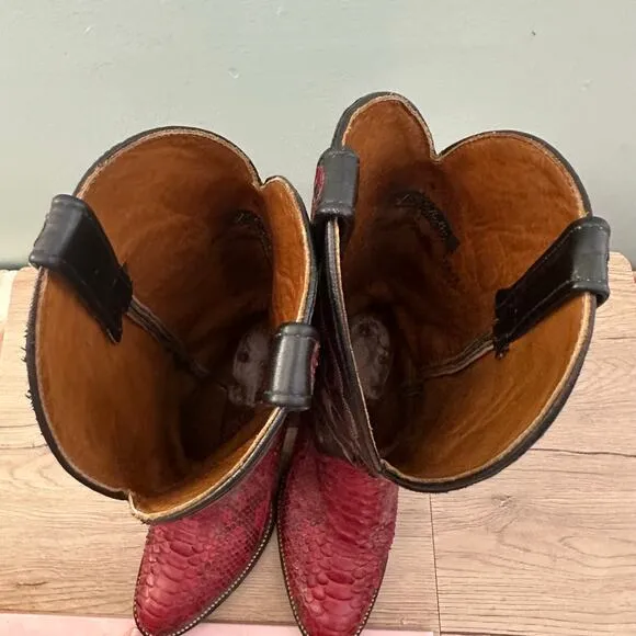 Vintage J. Chisolm Cherry Red Python Snake Skin Black Leather Cowgirl Boots- 6.5