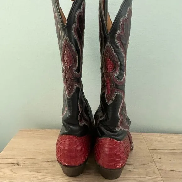 Vintage J. Chisolm Cherry Red Python Snake Skin Black Leather Cowgirl Boots- 6.5