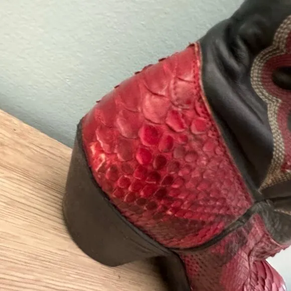 Vintage J. Chisolm Cherry Red Python Snake Skin Black Leather Cowgirl Boots- 6.5