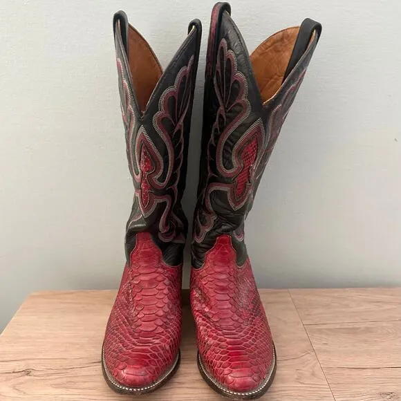 Vintage J. Chisolm Cherry Red Python Snake Skin Black Leather Cowgirl Boots- 6.5