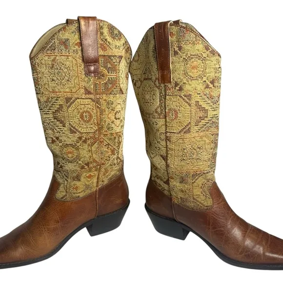 Vintage J Jill Womens Boho Brown Leather Tapestry Boots Size 6.5