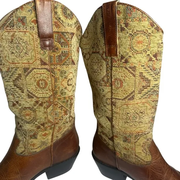 Vintage J Jill Womens Boho Brown Leather Tapestry Boots Size 6.5