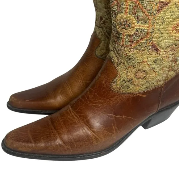 Vintage J Jill Womens Boho Brown Leather Tapestry Boots Size 6.5