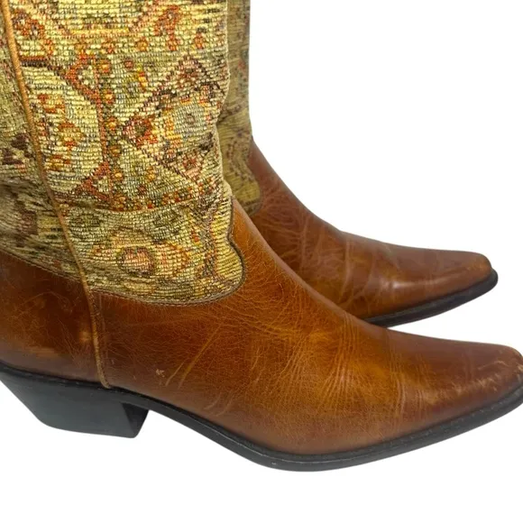 Vintage J Jill Womens Boho Brown Leather Tapestry Boots Size 6.5