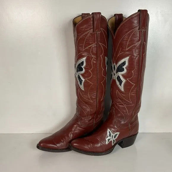 Vintage Justin 18” Butterfly Cowgirl Boots 5.5 C Snakeskin Inlay 70s