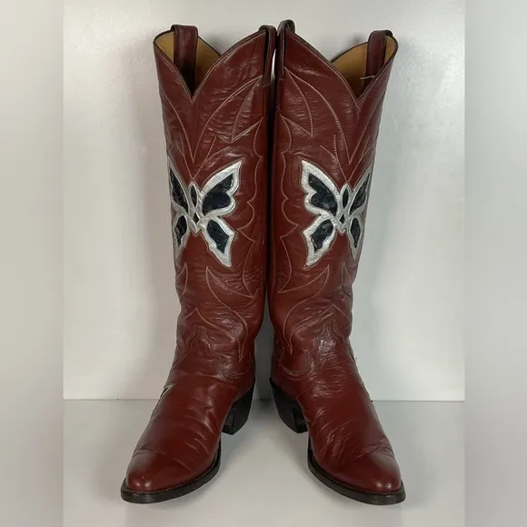 Vintage Justin 18” Butterfly Cowgirl Boots 5.5 C Snakeskin Inlay 70s