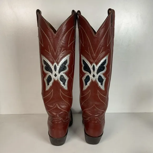 Vintage Justin 18” Butterfly Cowgirl Boots 5.5 C Snakeskin Inlay 70s
