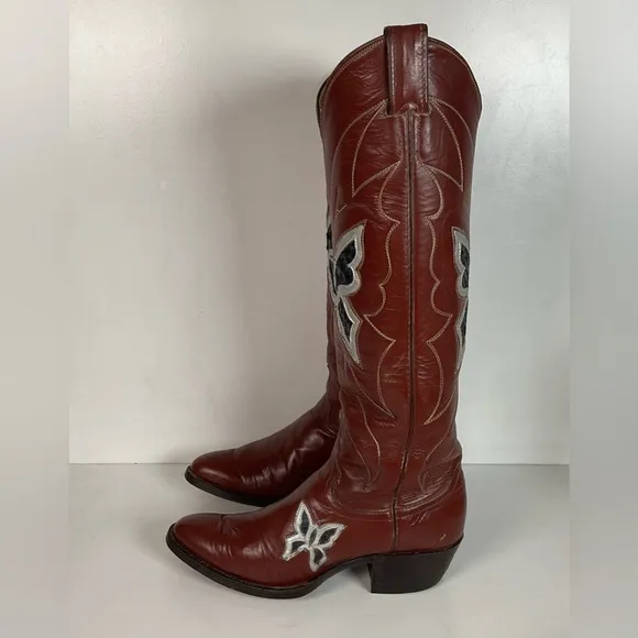 Vintage Justin 18” Butterfly Cowgirl Boots 5.5 C Snakeskin Inlay 70s