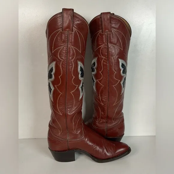 Vintage Justin 18” Butterfly Cowgirl Boots 5.5 C Snakeskin Inlay 70s
