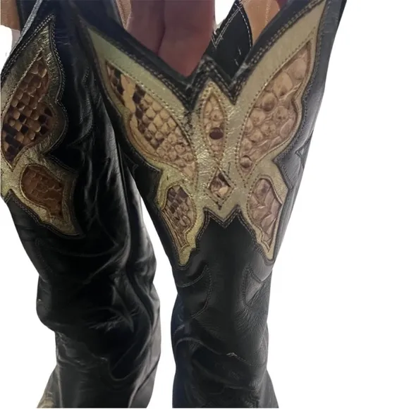 Vintage Justin Black &amp; Gold Metallic Leather Butterfly Snake Western Boots sz 7