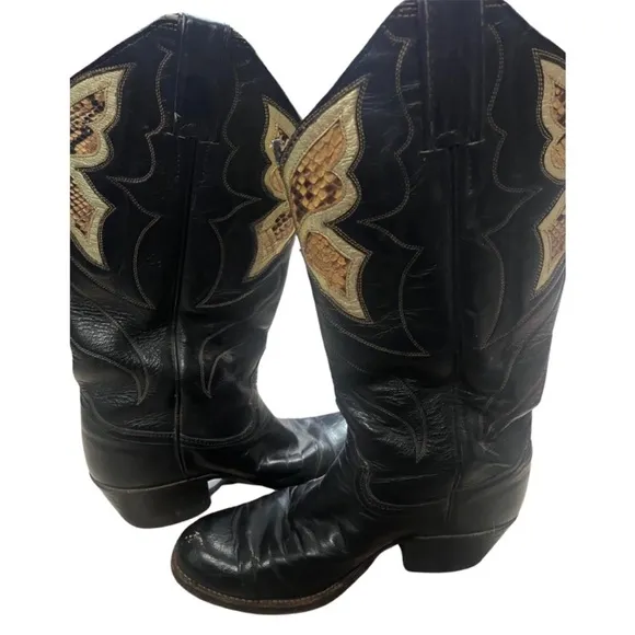 Vintage Justin Black &amp; Gold Metallic Leather Butterfly Snake Western Boots sz 7