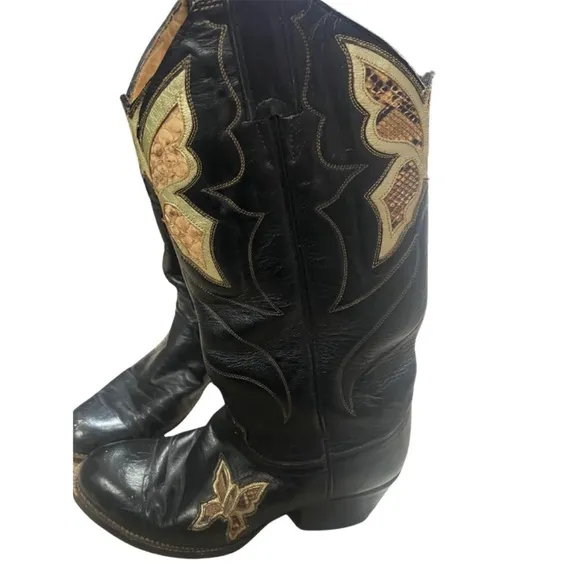 Vintage Justin Black &amp; Gold Metallic Leather Butterfly Snake Western Boots sz 7